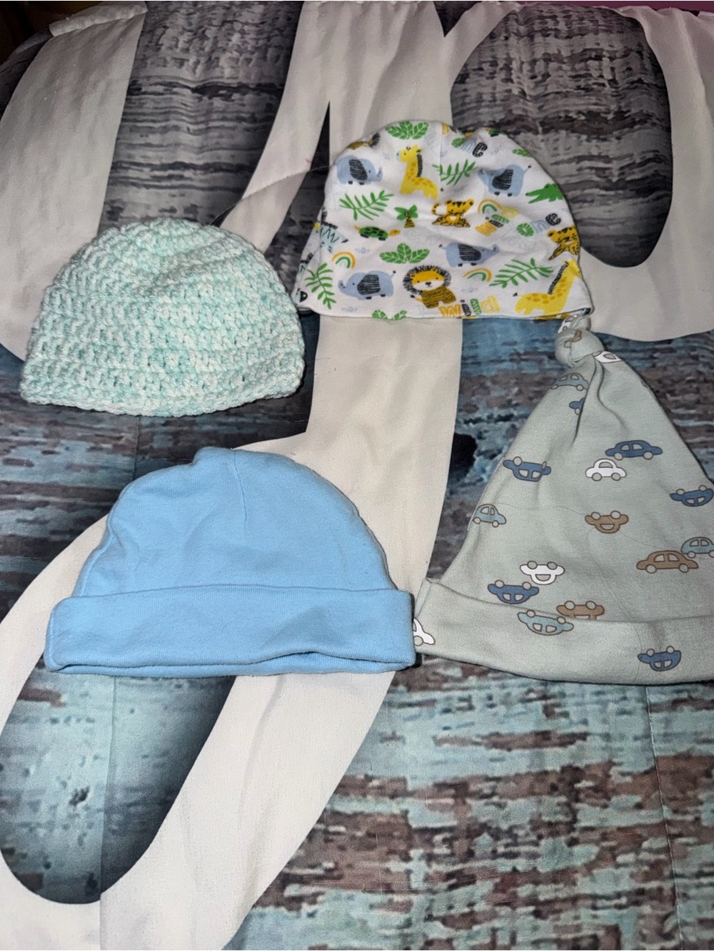 Baby Knit & Cotton Hat Set - Blue, Light Green, Gray, White - Unbranded